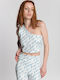 Women's Blouse with One Shoulder White, Blue