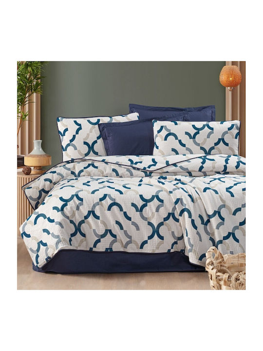 Pucioasa Set Husă de Pilotă Bumbac Dublă cu 2 Fețe de Pernă & 1 Cearsaf 200x220 Blue Geometric