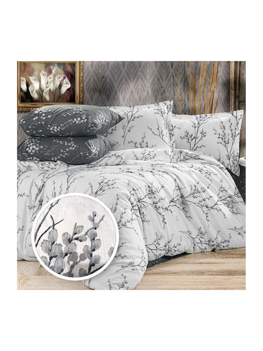 Pucioasa Set Husă de Pilotă Bumbac Dublă cu 4 Fețe de Pernă & 1 Cearsaf 200x220 Gray Twig Buds