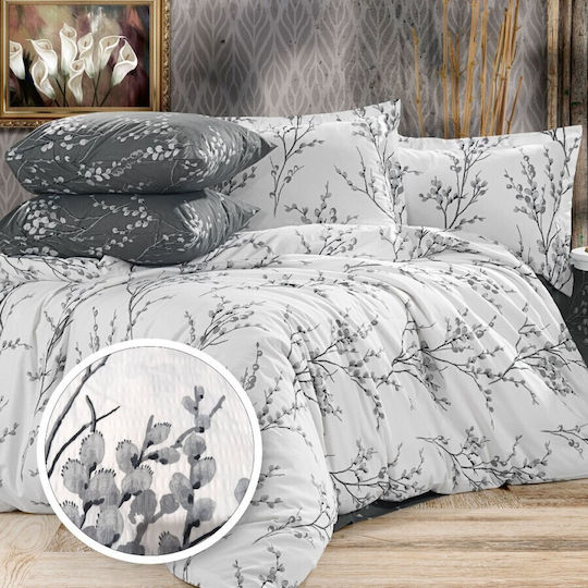 Pucioasa Set Huse Pentru Pilote 100% Bumbac 200x220cm Dublu Cu 4 Fețe De Pernă & 1 Cearșaf Gray Twig Buds