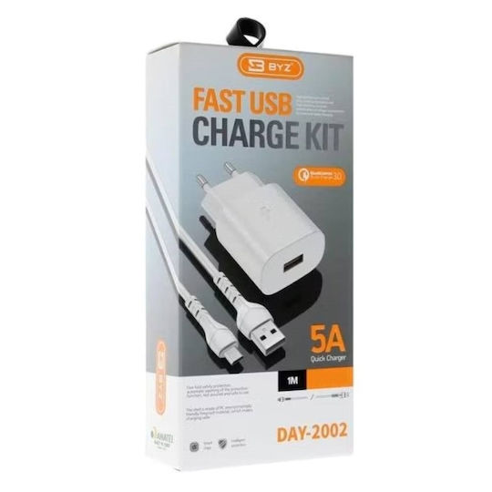 BYZ Φορτιστής με Θύρα USB-A και Καλώδιο USB-C 18W Quick Charge 3.0 Λευκός (U40 DAY2002)