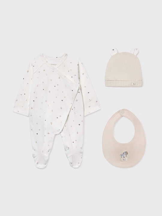Mayoral Baby Bodysuit Set Long-Sleeved with Cap Beige 3pcs
