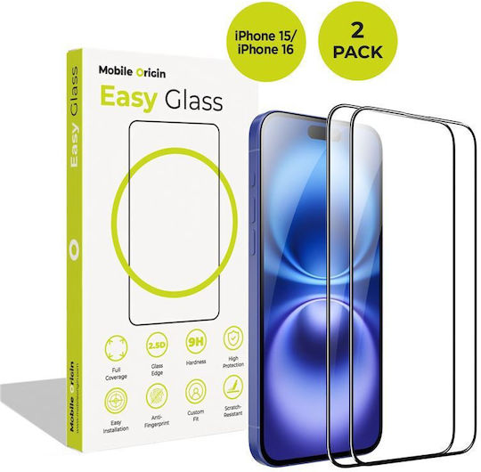 Set 2 Mobile Origin Easyglass Tempered Glass Screen Protectors Compatible Iphone 15/16 Transparent