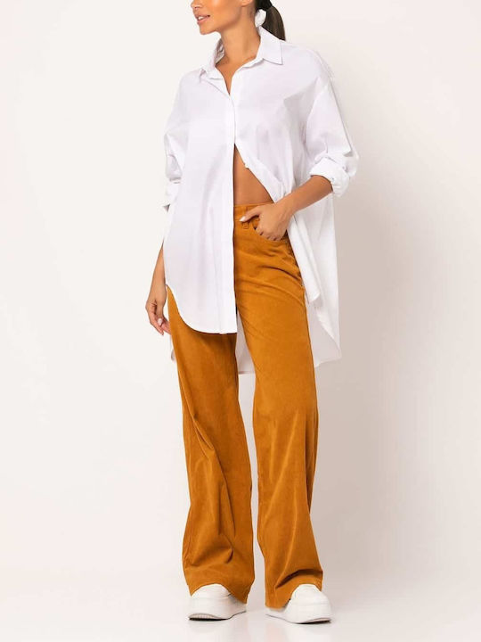 Damen Stoff Hose in Weitem Schnitt Mustard