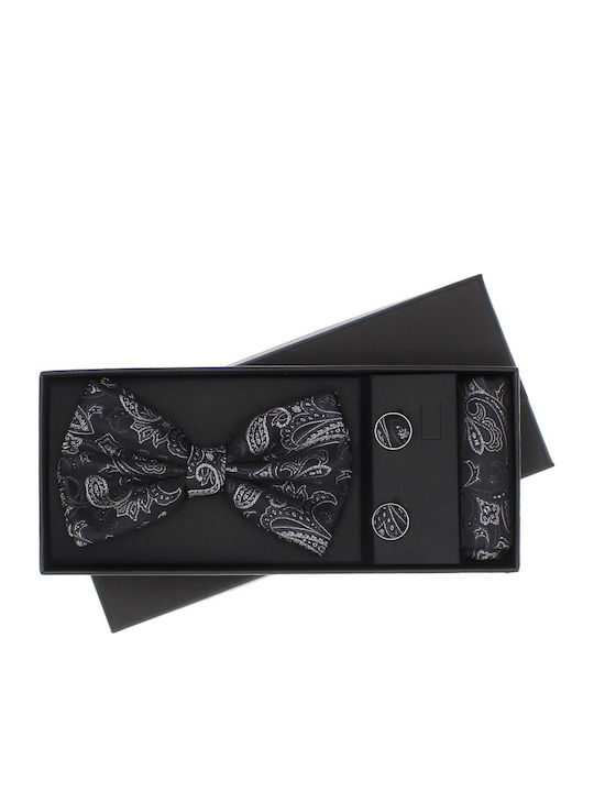 Set De 3 Piese Cravată Papillon Butoni De Manșetă Batistă Pentru Bărbați Buticcochet Negru Setp274