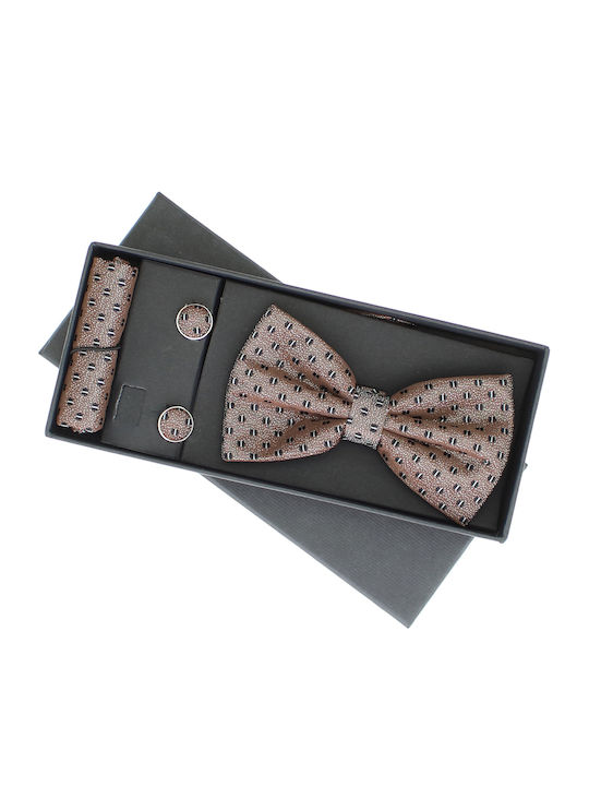 3-Piece Set Bow Tie Cufflinks Pocket Square Men Buticcochet Stylized Print Brown Setp254