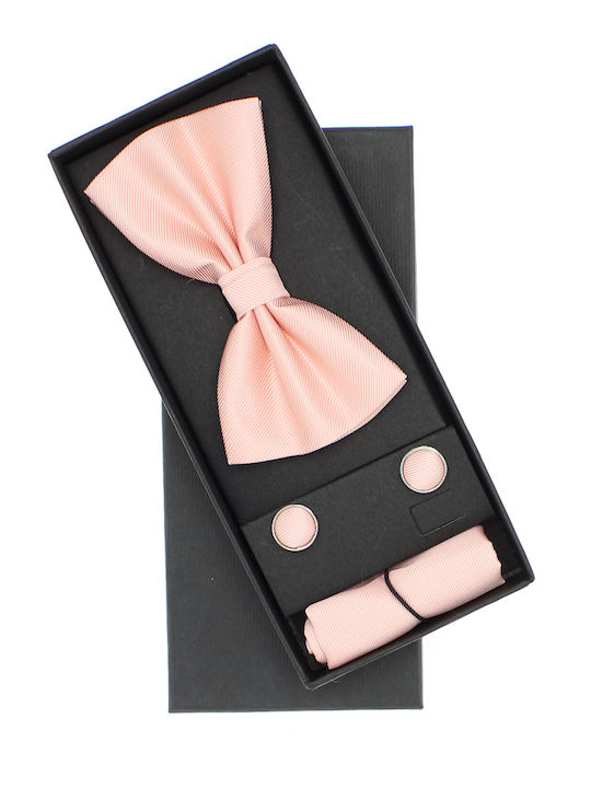 Set De 3 Piese Cravată Papillon Butoni De Manșetă Batistă Bărbați Roz Pal Setp235