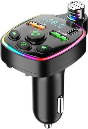 Modulator FM Auto Tip C Încărcător USB 3.1A pentru Mașină MicroSD Handsfree Microfon Bluetooth Afișaj Voltaj Baterie Lumină LED Negru