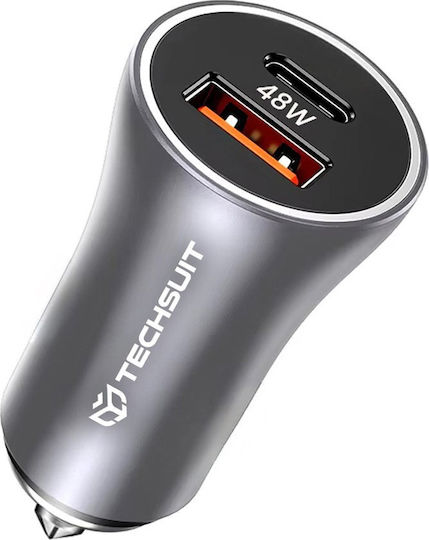 Techsuit Auto-Ladegerät 18W Schnellladung mit Anschlüssen: 1xUSB 1xType-C Gray Farbe