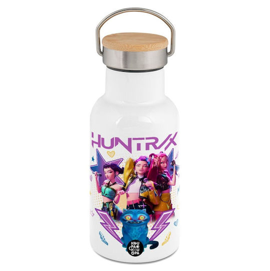Huntrix K-pop Series Термоси Метална Бутилка Неръждаема стомана Бяло Дървено капаче Bamboo Двупластов 350ml