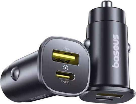 Baseus Φορτιστής Αυτοκινήτου 30W με Θύρες: 1xUSB 1xType-C Μαύρο Χρώμα