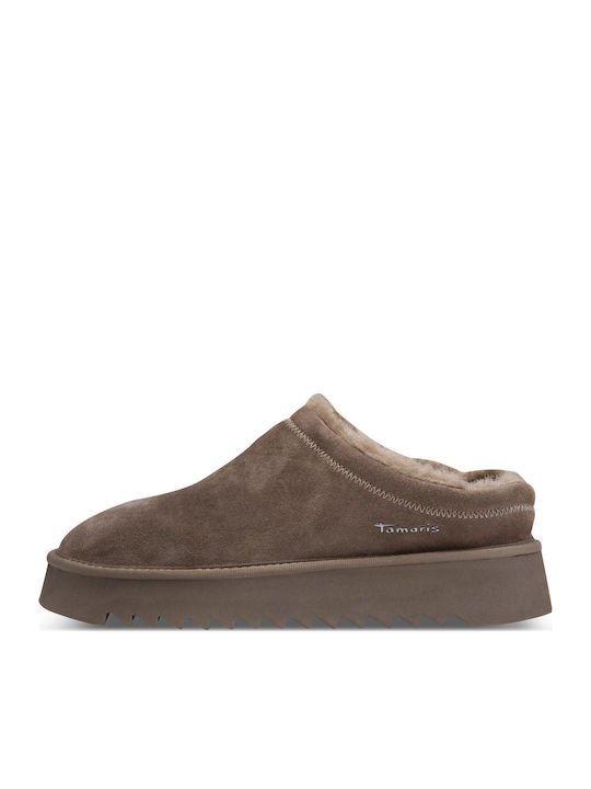 Tamaris Leather Mules with Low Heel in Brown Color