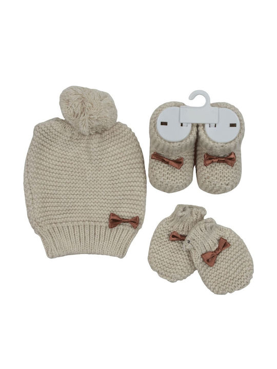 Kids Beanie Set with Gloves Knitted Beige for Newborn