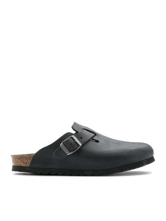 Birkenstock Boston Leoi Δερμάτινα Σανδάλια Μαύρα