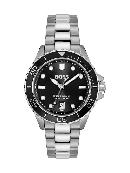 Boss Troper Ανδρικό Ρολόι 42mm Μπαταρίας με Ασημί Μεταλλικό Μπρασελέ