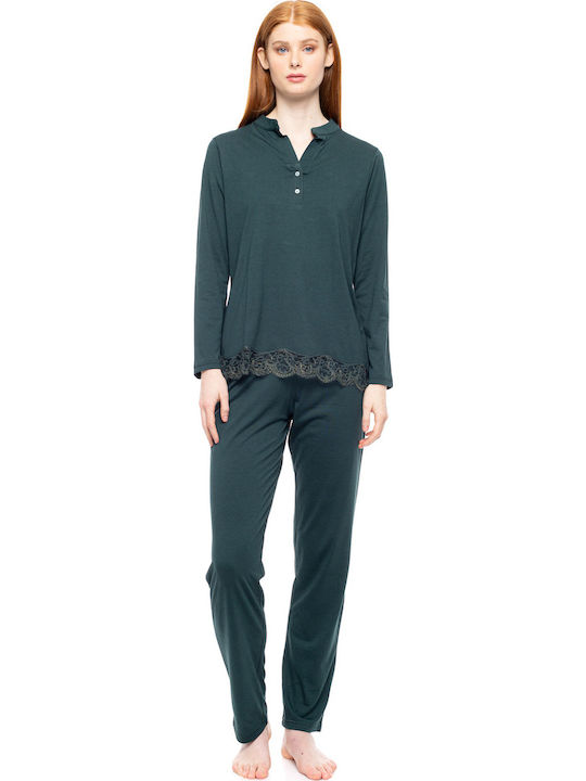 Pink Label Winter Women's Cotton Pyjama Set Dark Green