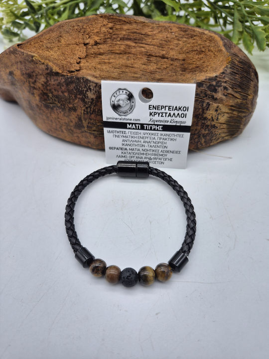 Leather Bracelet Beads Eye Tiger & Lava – Strength & Protection