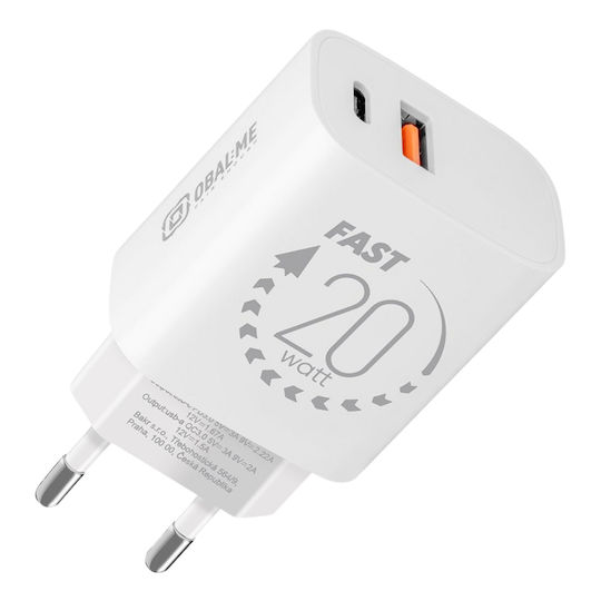Obal:Me Charger Without Cable with USB-A Port and USB-C Port 20W Quick Charge 3.0 Whites (OM20WCA)