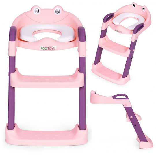 Ecotoys Scaun De Toaletă Pentru Copii Roz Cu Treaptă, Mânere Și Pernuță