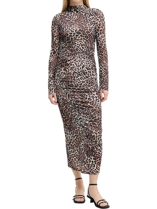 Midi Βραδινό Φόρεμα με Διαφάνεια Animal Print