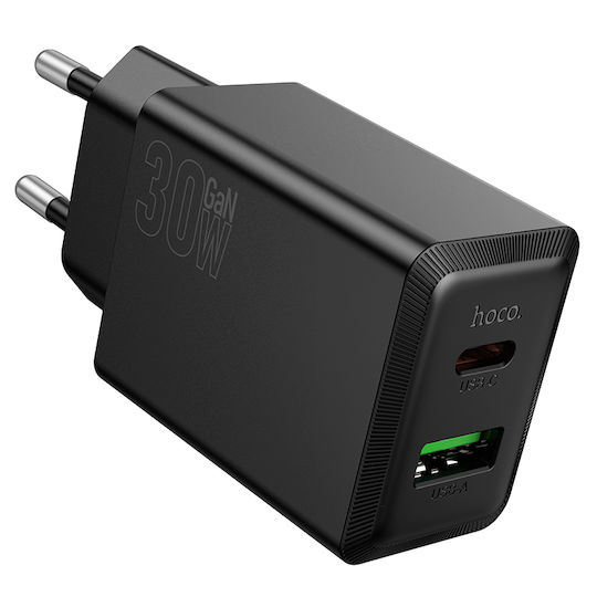 Hoco Charger Without Cable GaN with USB-A Port and USB-C Port 30W Power Delivery Blacks (N71 Nuevo)