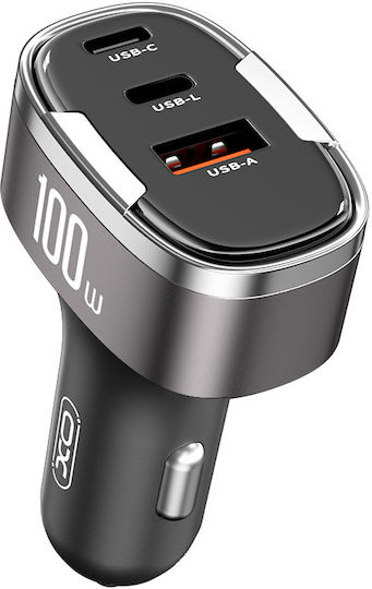 XO Cc61 Φορτιστής Αυτοκινήτου 100W 5A με Θύρες: 1xUSB 2xType-C μαζί με Καλώδιο Lightning