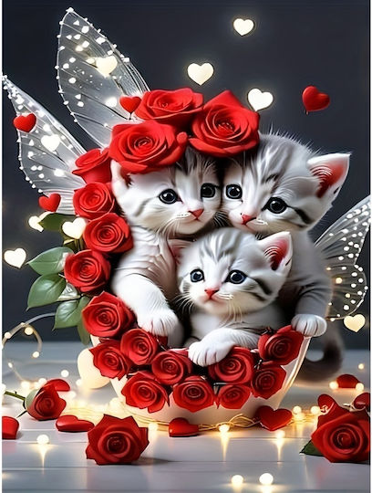 Olympus Diamond Painting "Three Kittens Fairy Wings Red Roses" Mosaic "Three Kittens Fairy Wings Red Roses" 50x40
