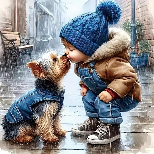 Olympus Diamond Painting "Băiat Sărutând Un Cățeluș" Mozaic cu Diamante "băiețel Sărută Un Cățeluș" 40x30