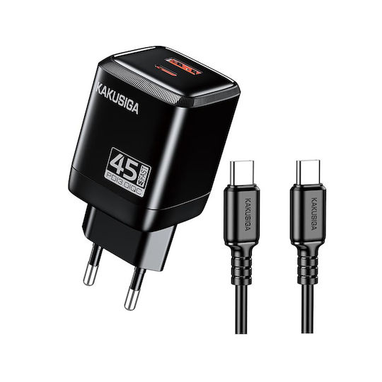Kakusiga Φορτιστής με Θύρα USB-A και Θύρα USB-C και Καλώδιο USB-C - USB-C 45W Power Delivery / Quick Charge 3.0 Μαύρος (KSC-1607)