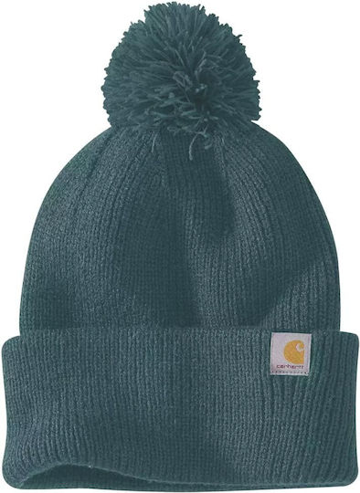 Pom Pom Beanie Beanie with Rib Knit in Green color