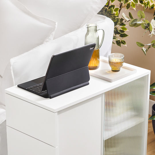 Rectangular Side Table Glass with Wheels White L75xW35xH61cm.