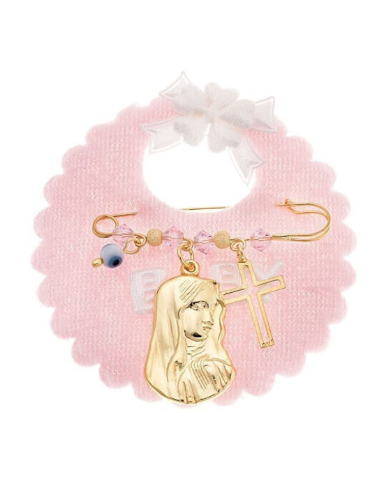 Senza Child Safety Pin made of Gold Plated Silver with Cross and Icon of the Virgin Mary for Girl