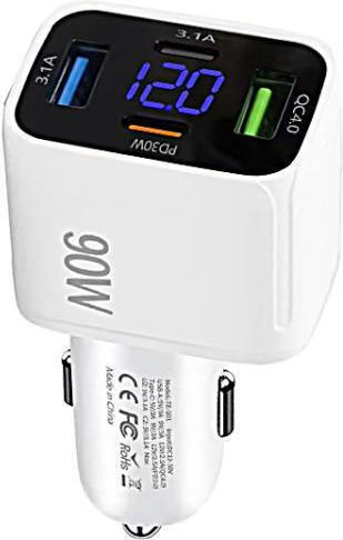 Car Charger 30W 3A Fast Charging with Ports 2xUSB-A 2xType-C White Color