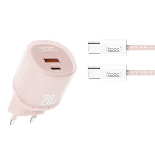 XO с USB-A порт и USB-C порт и кабел USB-C - USB-C 20W Power Delivery / Quick Charge 3.0 Розов (L144)