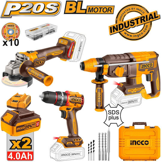 Ingco COSLI241198E Set Roată unghiulară & Mașină de găurit cu impact & Ciocanul Brushless 20V cu 2 baterii 4Ah și husă