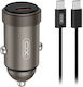 XO Cc70 Зарядно за кола 30W Бързо Зареждане с един Порт: 1xType-C заедно с Кабел Type-C Сив Цвят