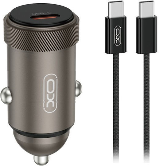 XO Cc70 Зарядно за кола 30W Бързо Зареждане с един Порт: 1xType-C заедно с Кабел Type-C Сив Цвят