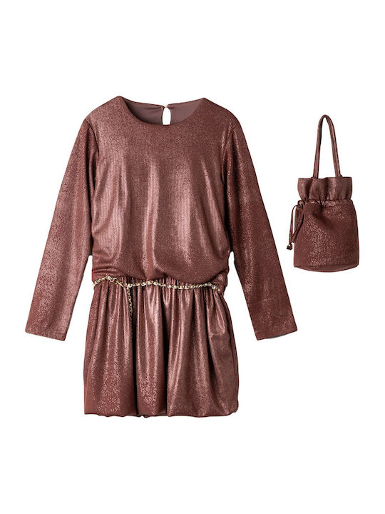 Children's Dress Long Sleeve with Sequins Set with Accessories Bronze Pink