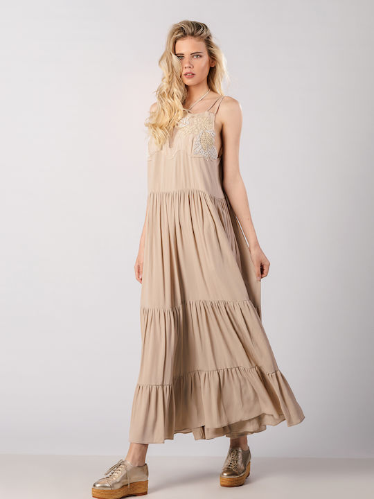 Sommer Maxi Damenkleid mit Rüschen Beiges