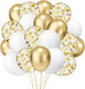 Set 16 Baloane Latex Flippy Party Model 30 Cm Alb Auriu Transparent Confetti 2.8 G