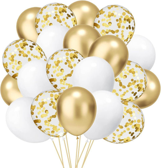 Set 16 Baloane Latex Flippy Party Model 30 Cm Alb Auriu Transparent Confetti 2.8 G