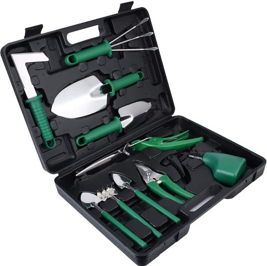 Set 10 Unelte de Grădină Flippy Pentru Plantare Prelucrare Sol Îngrijire Plante Mânere Verzi Material PVC Oțel Inoxidabil Cutie Inclusă 37x28x7 Cm Negre