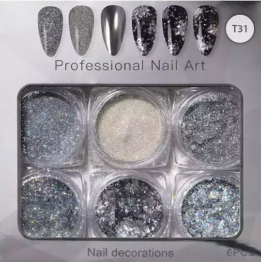 Vicky Nail Διακοσμητική Σκόνη Glitter Νυχιών Ασημί 6 Τμχ X 0,8γρ & 6 X Διπλά Πινελάκια Εφαρμογής
