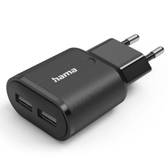 HAMA Зарядно с вграден кабел с 2 USB-A порта 12W Черен (00201971)