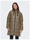 Women's Long Puffer Jacket for Winter with Hood Khaki