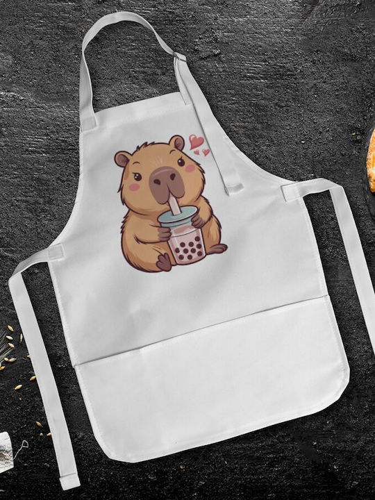 Koupakoupa Capybara Bubble Tea Kids Apron White 22x40cm