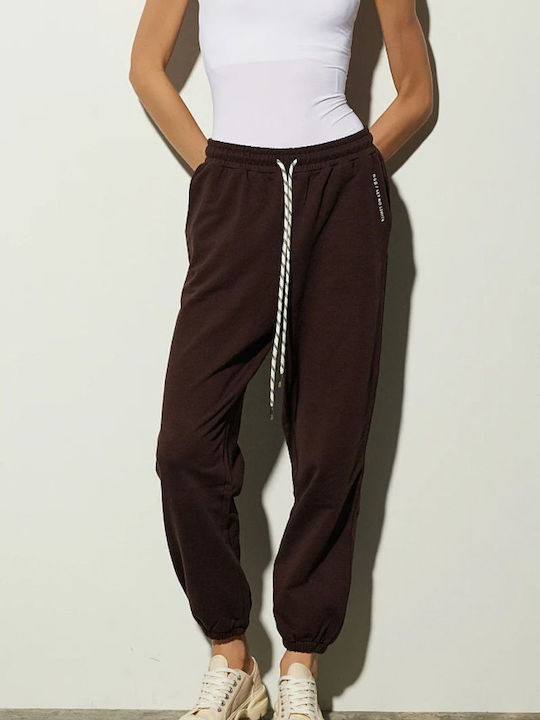 Dama Tesatura Pantaloni cu Elastic cu Croială Normală Chocolate