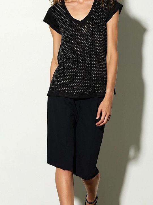 Women's Athletic Blouse Short Sleeve with V Neckline Black
