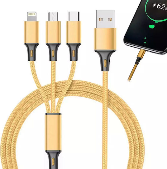 Verk Group USB към micro USB / Type-C / Lightning Кабел 2.1Спецификация Златист 1.2м