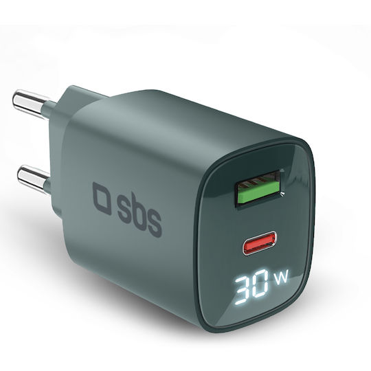 SBS Зарядно без кабел с USB-A порт и USB-C порт 30W Power Delivery Черен